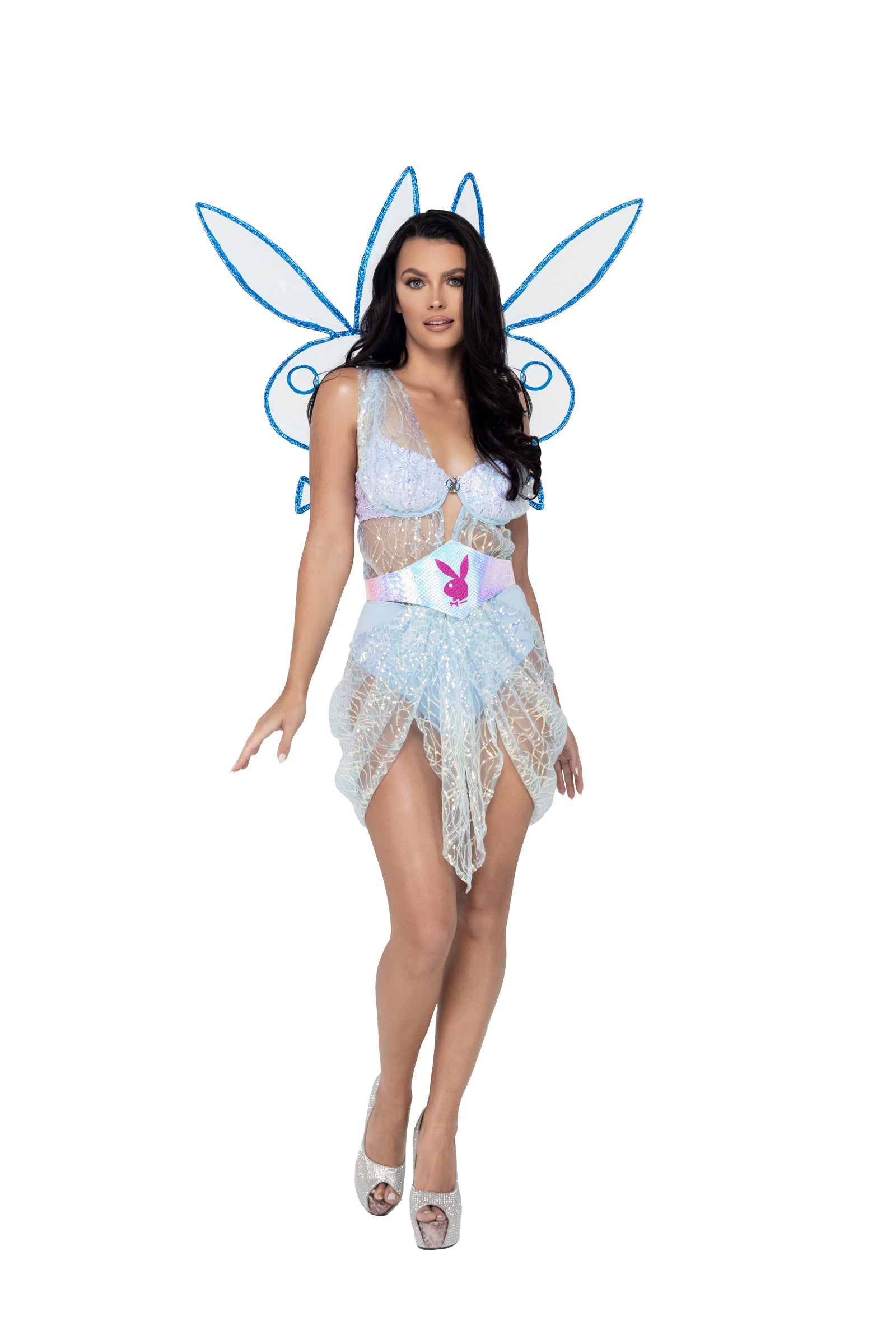 Playboy fairy costume, sheer sequin dress and bunny wings, view 3